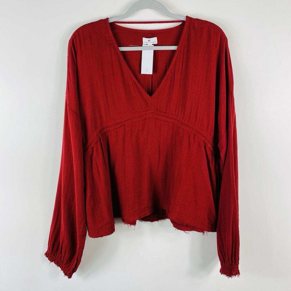True Craft Top Large Red Long Sleeve V-Neck Frayed Trim 100% Cotton